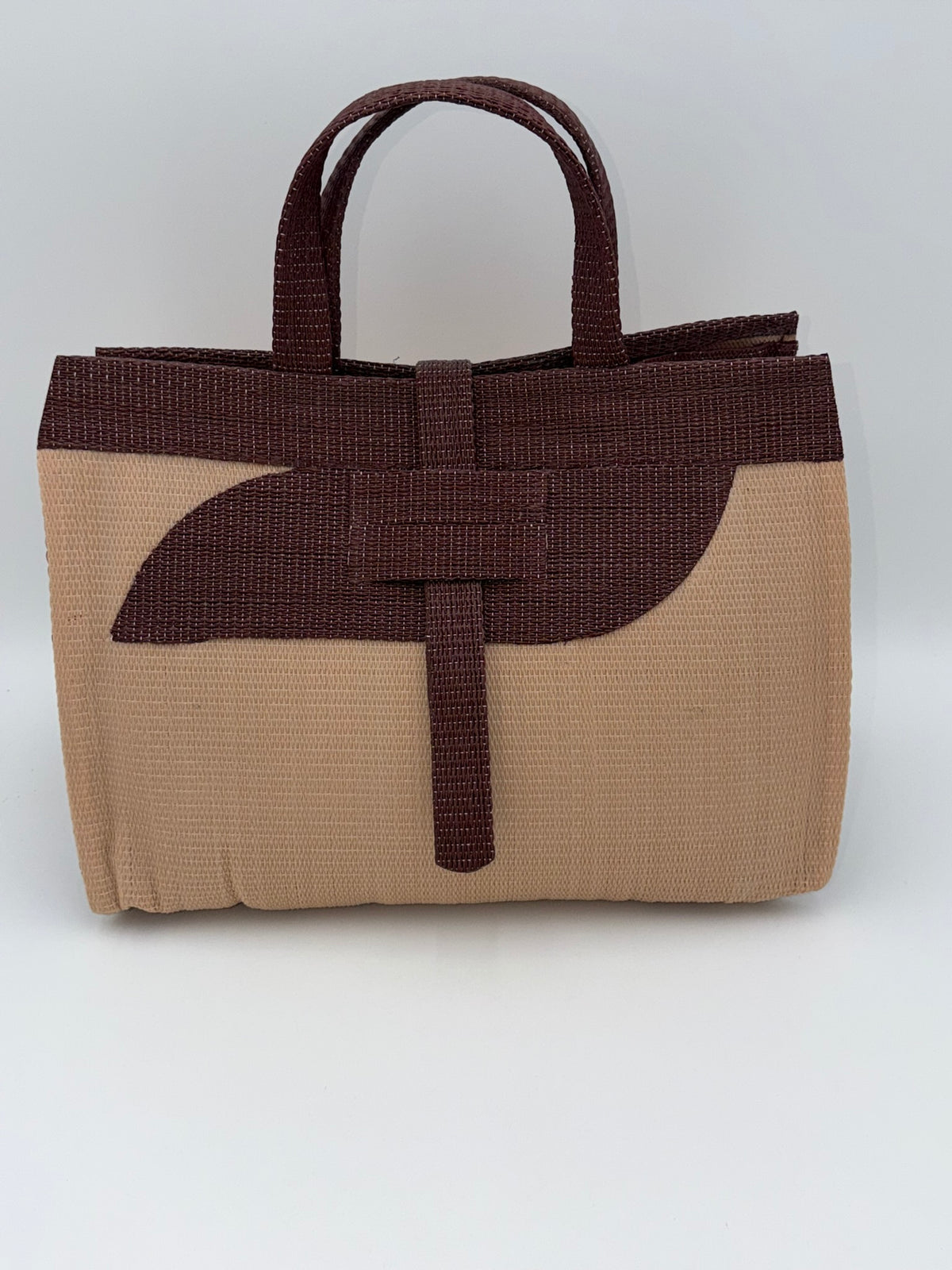Caramel Large handwoven tote bag by SCRUBIES in Beige,Brown with Solid design and Almond accent pattern