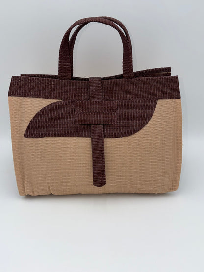 Caramel Large handwoven tote bag by SCRUBIES in Beige,Brown with Solid design and Almond accent pattern