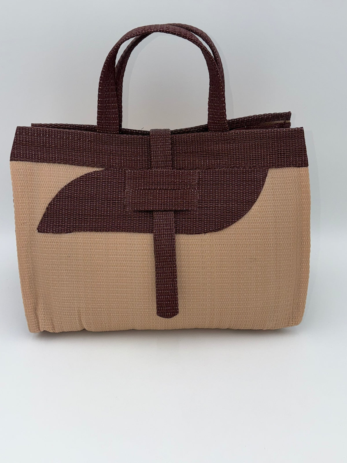 Caramel Large handwoven tote bag by SCRUBIES in Beige,Brown with Solid design and Almond accent pattern