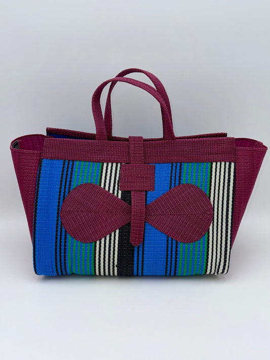 Berry Large handwoven tote bag by SCRUBIES in Wine,Blue,White,Black with Stripes design and Bow accent pattern
