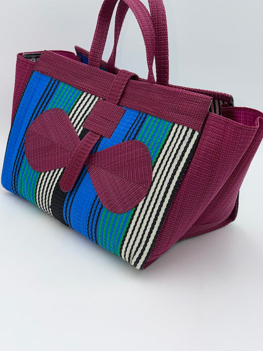 Berry Large handwoven tote bag by SCRUBIES in Wine,Blue,White,Black with Stripes design and Bow accent pattern