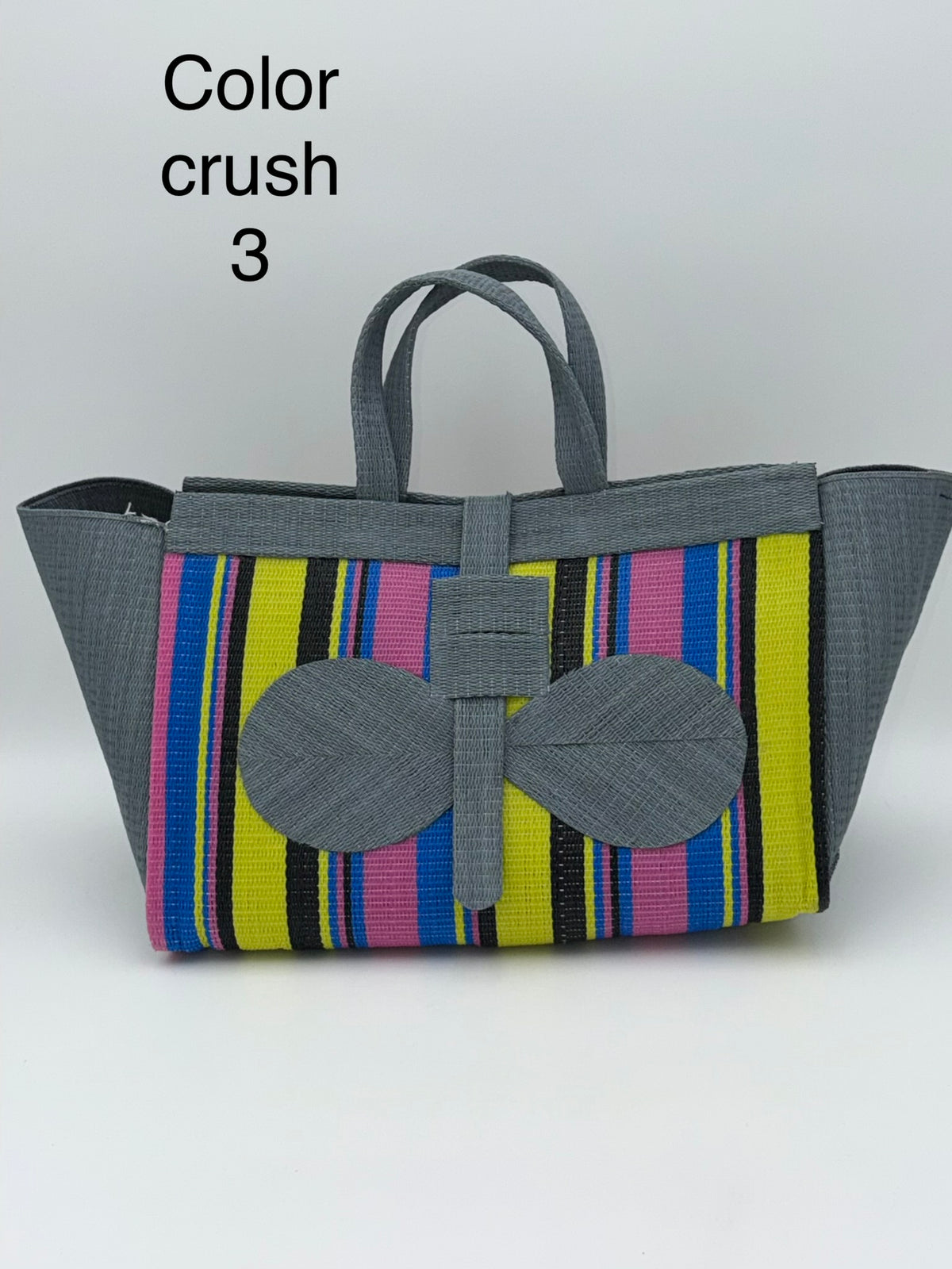 Sunshine Large handwoven tote bag by SCRUBIES in Gray,Yellow,Pink,Blue,Black with Stripes design and Bow accent pattern