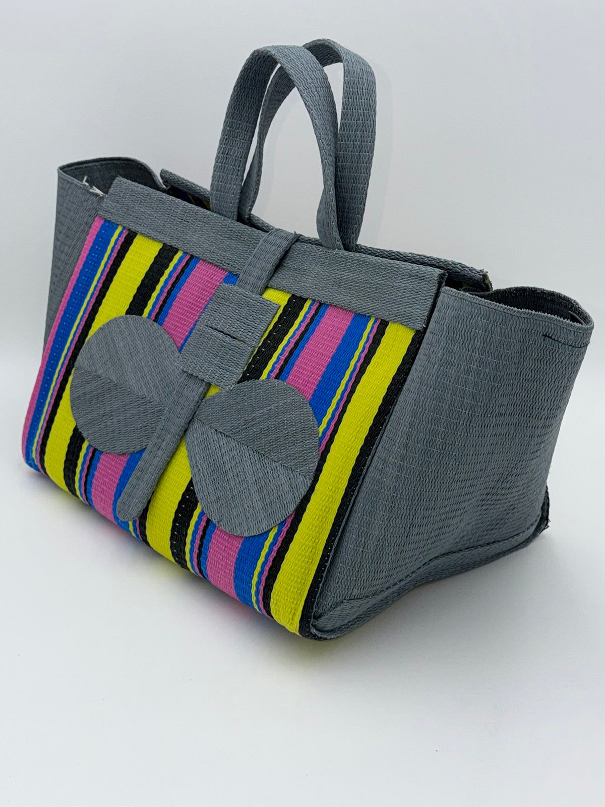 Sunshine Large handwoven tote bag by SCRUBIES in Gray,Yellow,Pink,Blue,Black with Stripes design and Bow accent pattern
