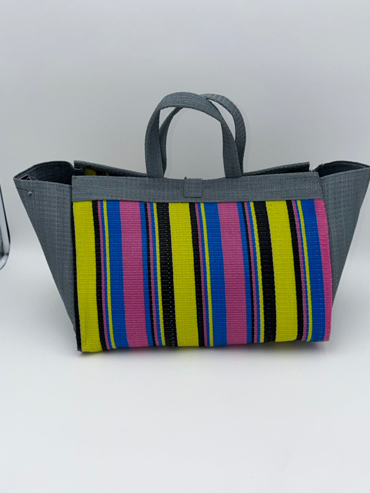 Sunshine Large handwoven tote bag by SCRUBIES in Gray,Yellow,Pink,Blue,Black with Stripes design and Bow accent pattern