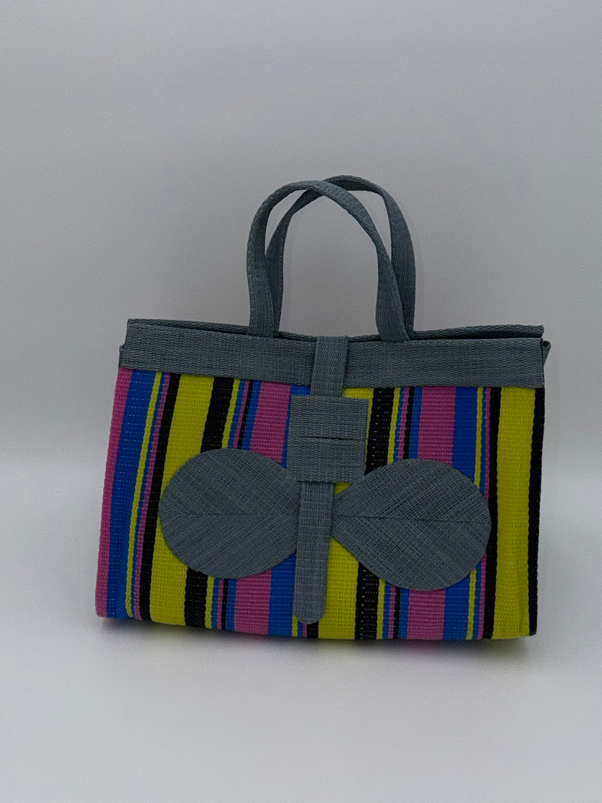 Sunshine Large handwoven tote bag by SCRUBIES in Gray,Yellow,Pink,Blue,Black with Stripes design and Bow accent pattern