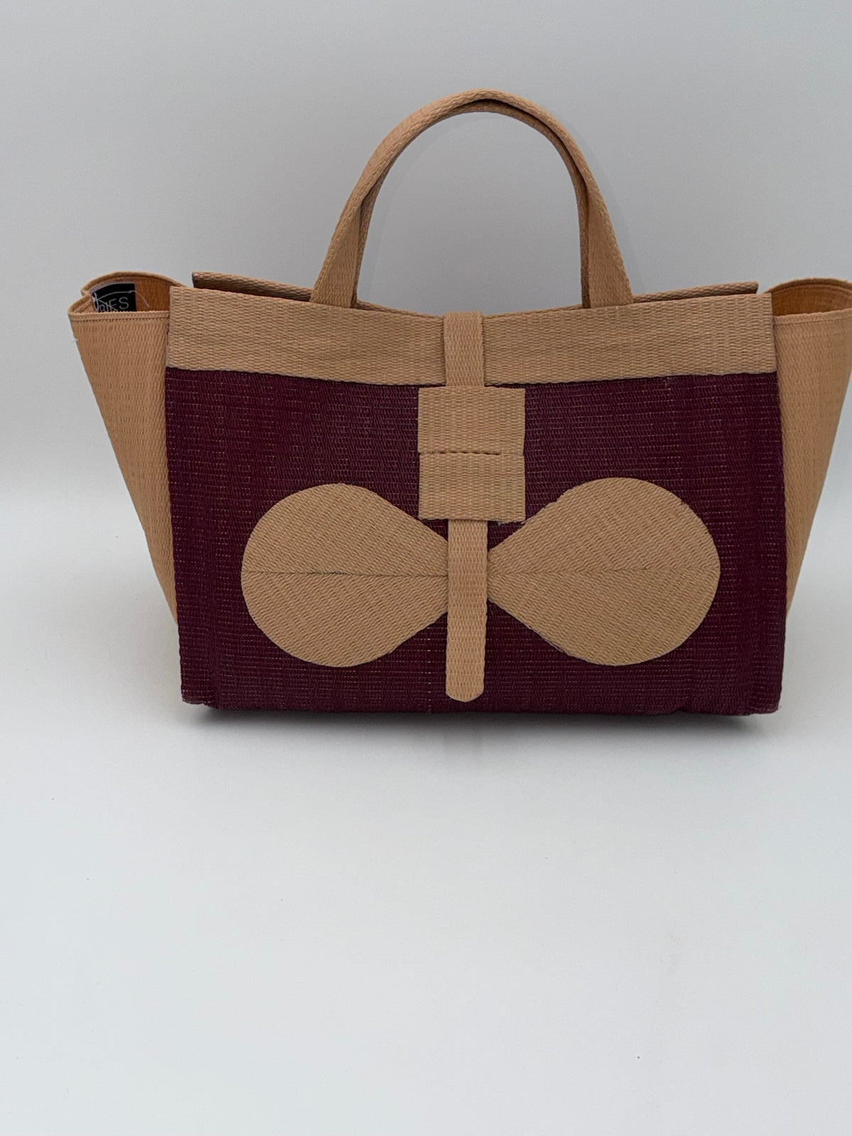 Winery Large handwoven tote bag by SCRUBIES in Wine,Beige with Solid design and Bow accent pattern