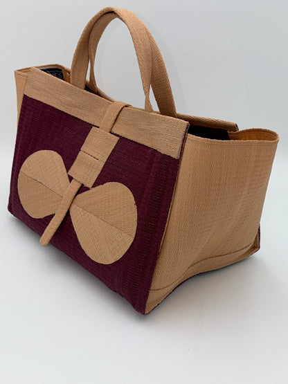 Winery Large handwoven tote bag by SCRUBIES in Wine,Beige with Solid design and Bow accent pattern