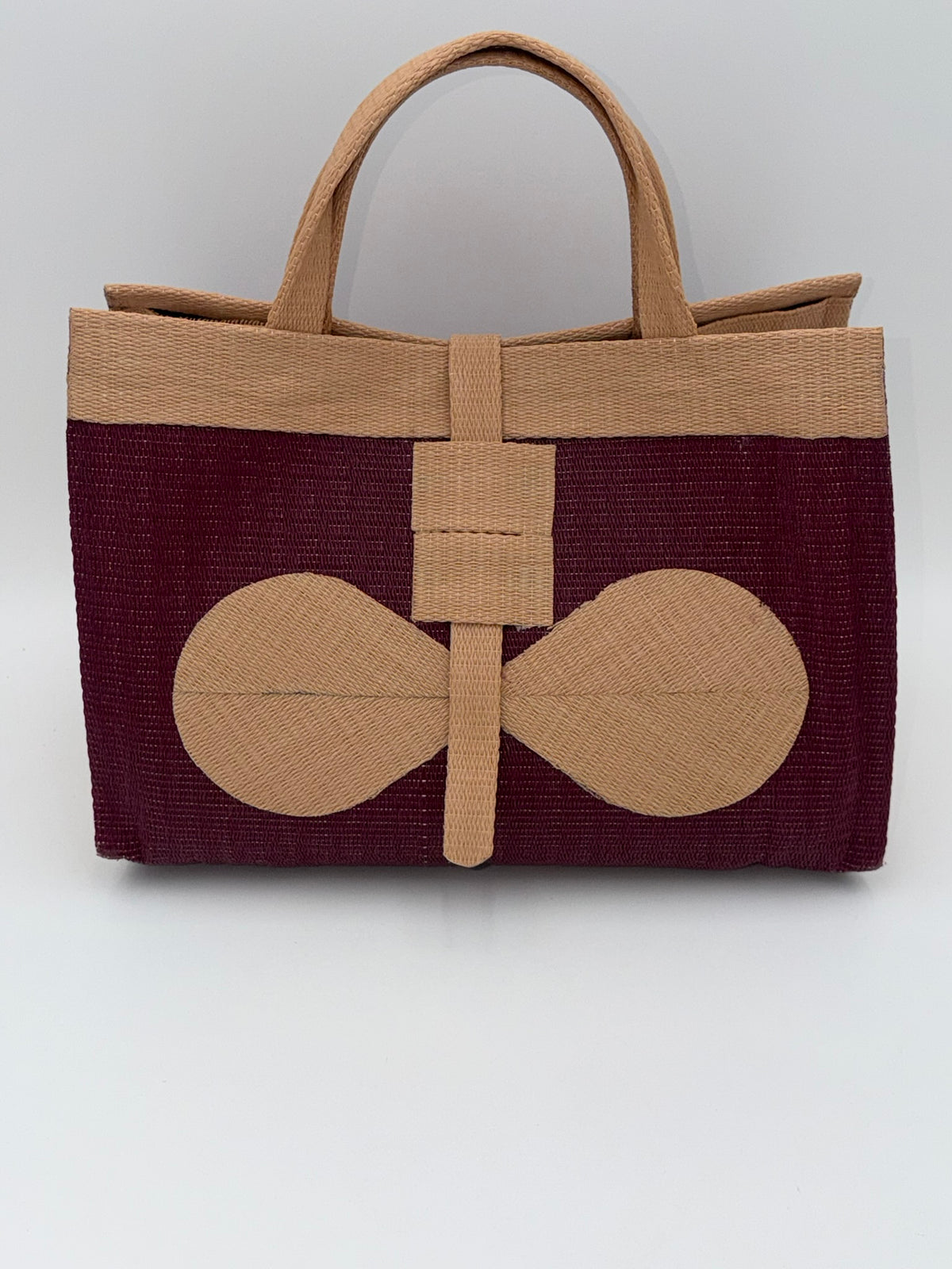 Winery Large handwoven tote bag by SCRUBIES in Wine,Beige with Solid design and Bow accent pattern