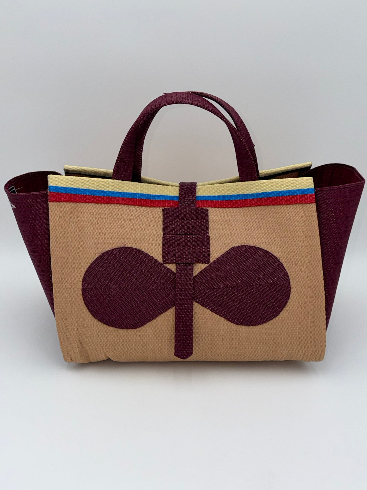 Beige Large handwoven tote bag by SCRUBIES in Beige,Wine with Solid design and Bow accent pattern