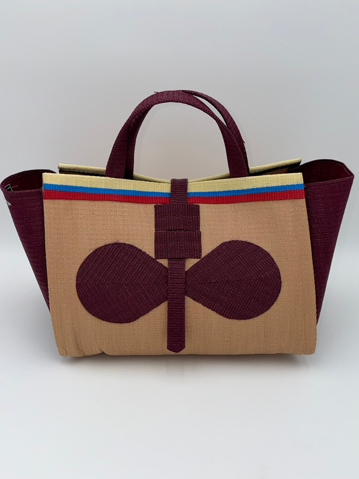 Beige Large handwoven tote bag by SCRUBIES in Beige,Wine with Solid design and Bow accent pattern