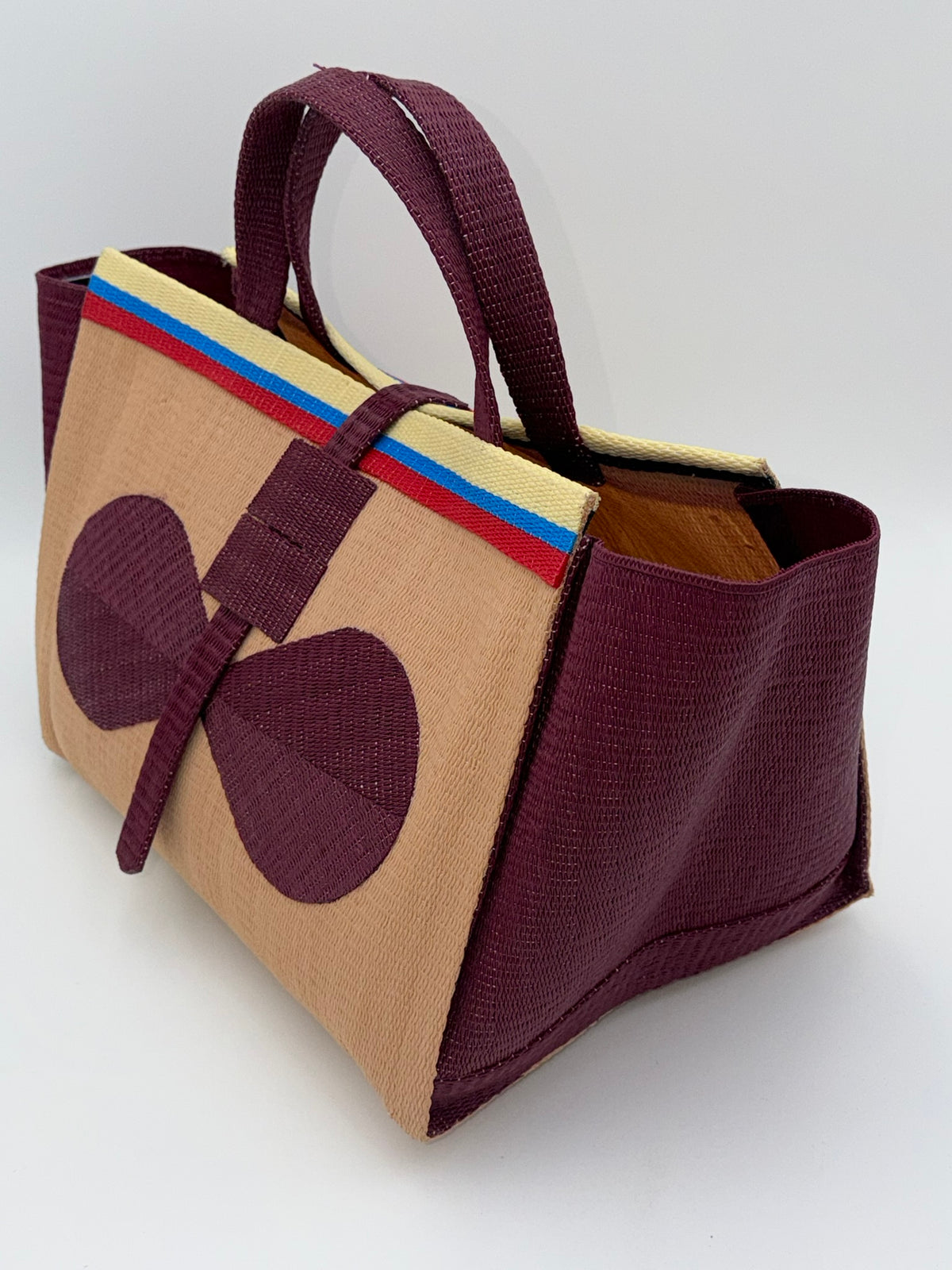 Beige Large handwoven tote bag by SCRUBIES in Beige,Wine with Solid design and Bow accent pattern