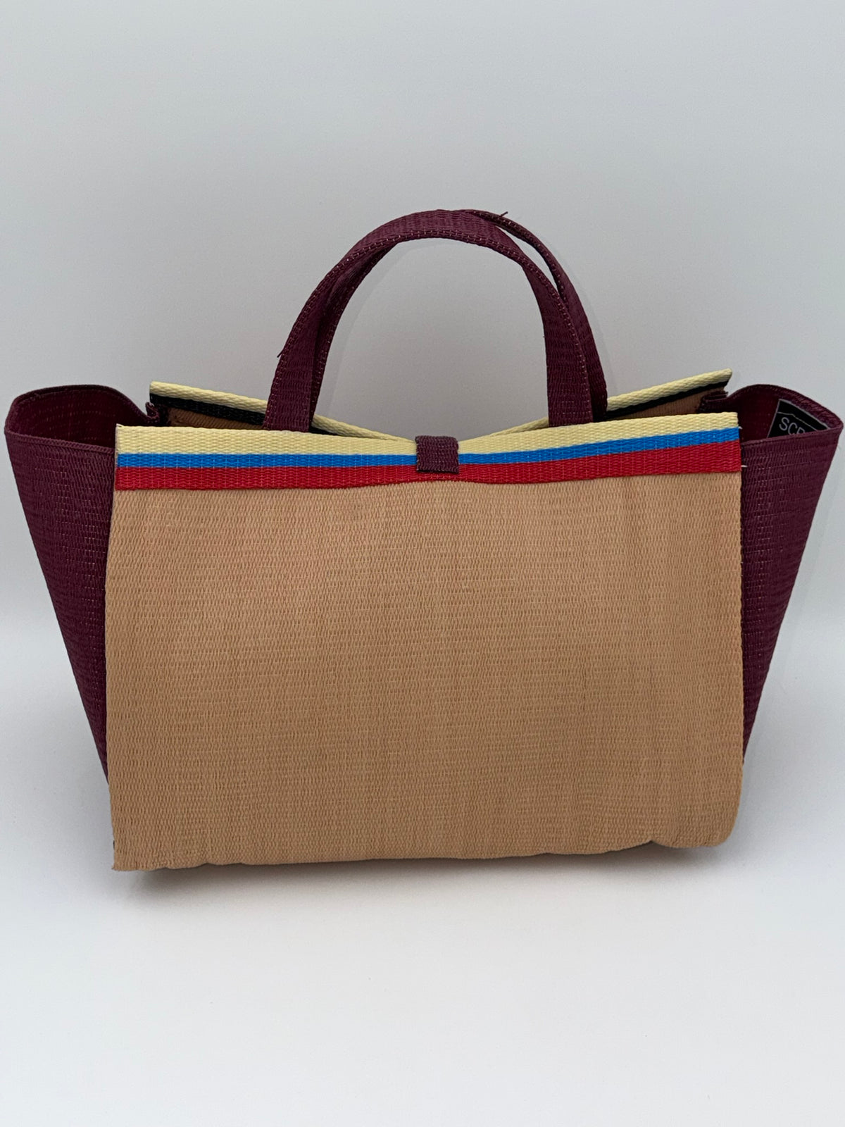 Beige Large handwoven tote bag by SCRUBIES in Beige,Wine with Solid design and Bow accent pattern