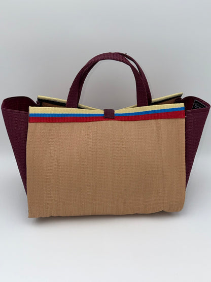 Beige Large handwoven tote bag by SCRUBIES in Beige,Wine with Solid design and Bow accent pattern