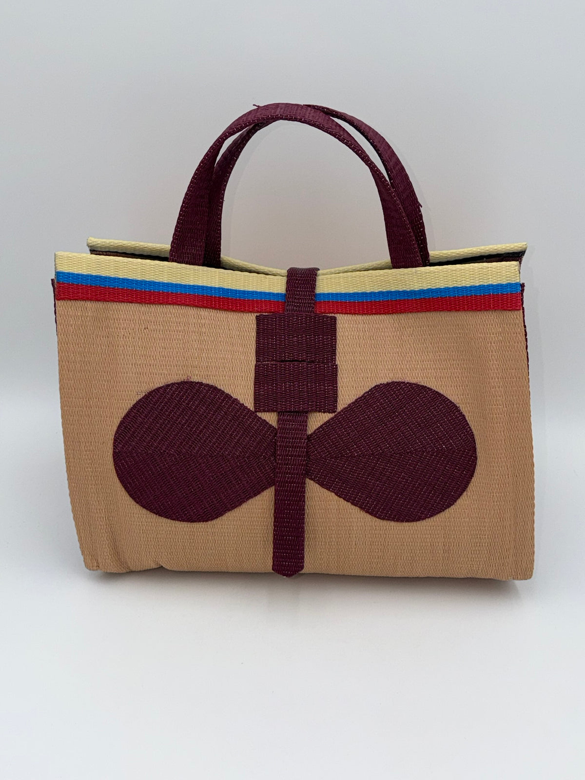 Beige Large handwoven tote bag by SCRUBIES in Beige,Wine with Solid design and Bow accent pattern