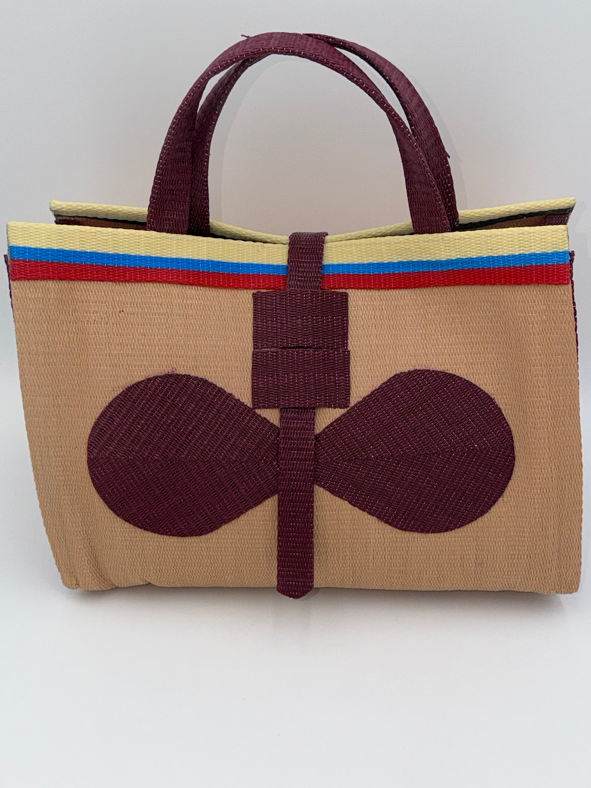 Beige Large handwoven tote bag by SCRUBIES in Beige,Wine with Solid design and Bow accent pattern
