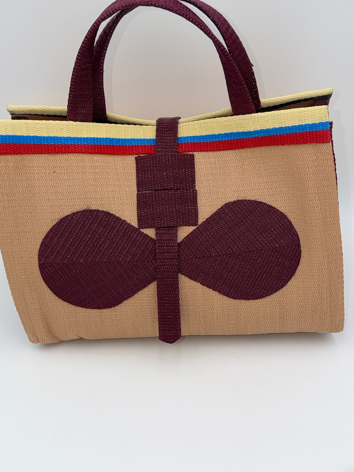Beige Large handwoven tote bag by SCRUBIES in Beige,Wine with Solid design and Bow accent pattern