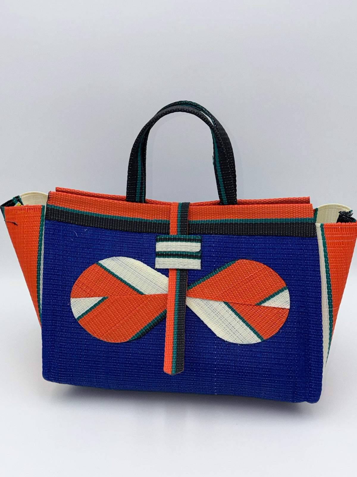 Berry Large handwoven tote bag by SCRUBIES in Blue,Orange,Cream,Black with Solid design and Bow accent pattern