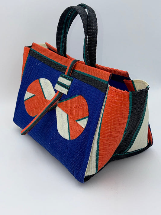 Berry Large handwoven tote bag by SCRUBIES in Blue,Orange,Cream,Black with Solid design and Bow accent pattern