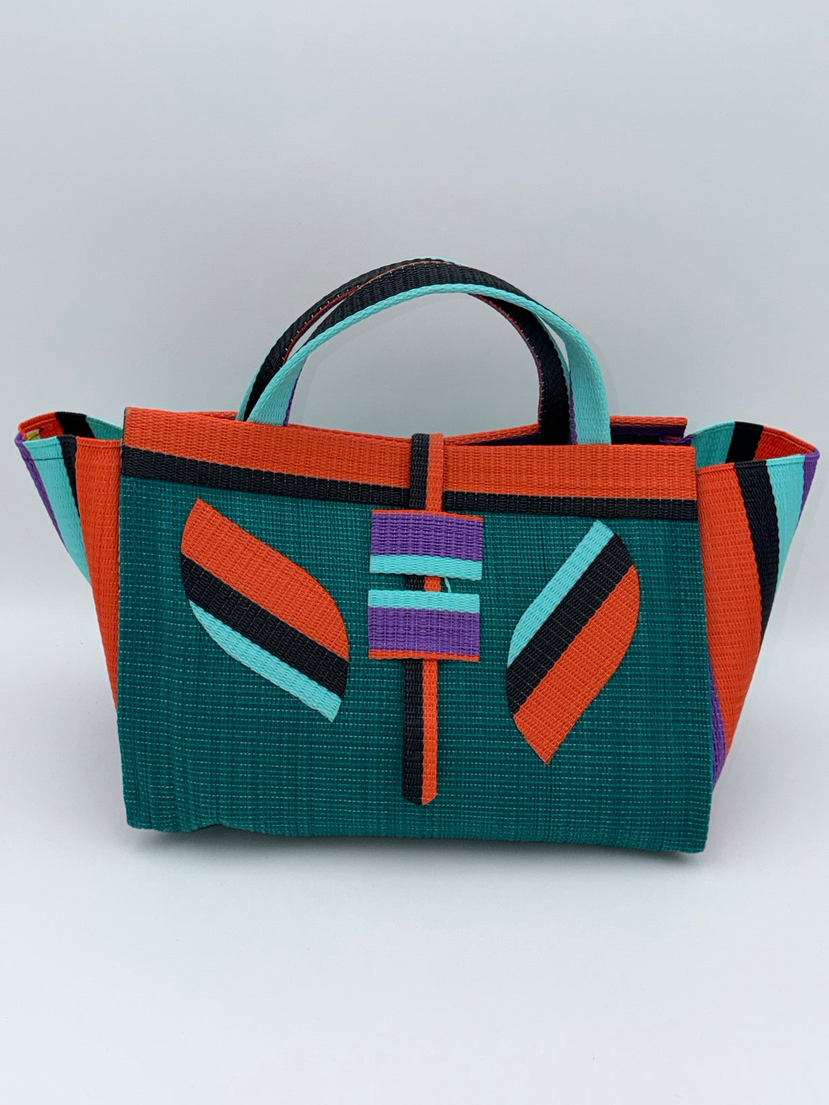 Emerald Large handwoven tote bag by SCRUBIES in Green,Orange,Black,Teal,Purple with Solid design and Leaf accent pattern