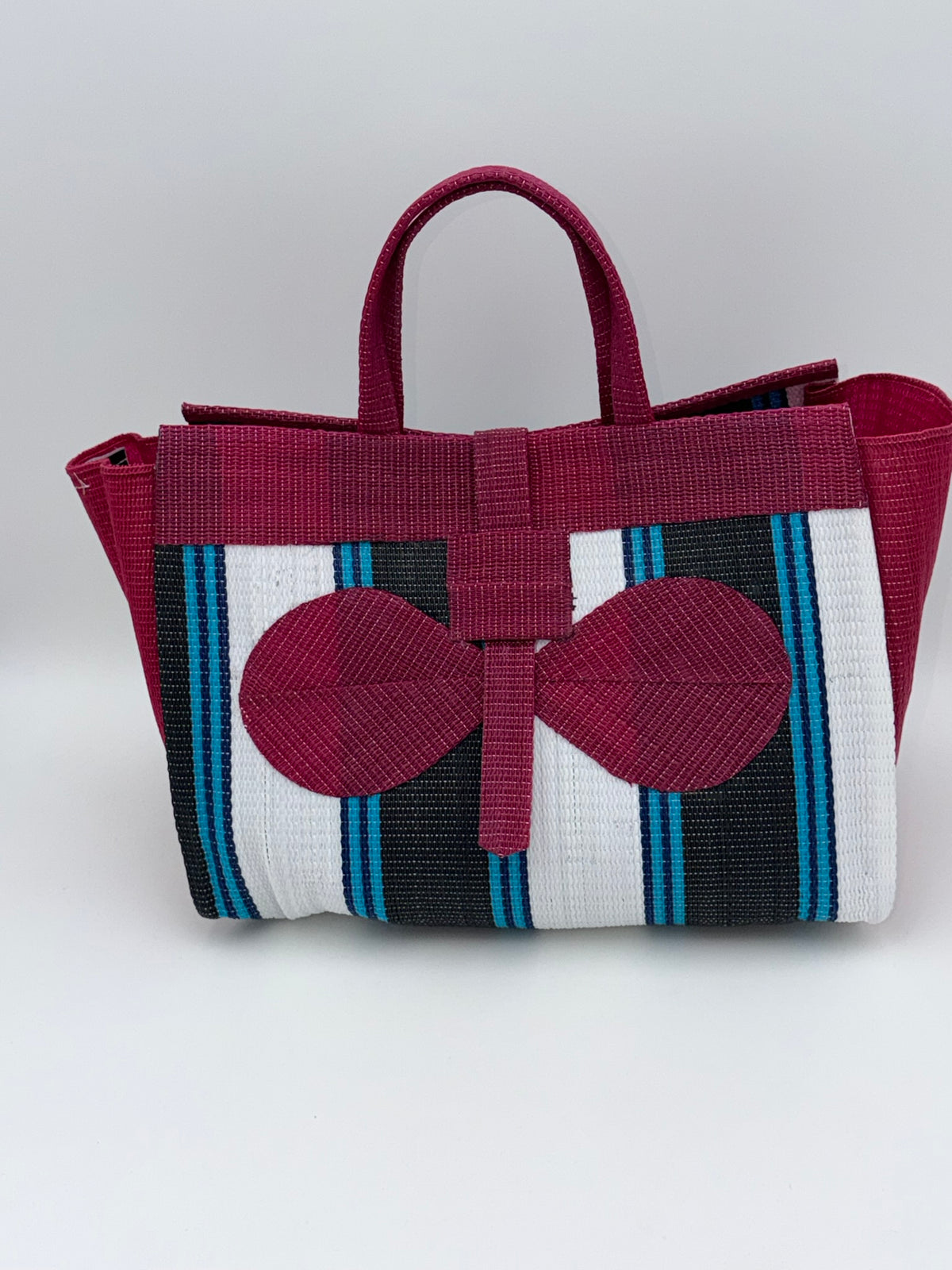 Pearl Large handwoven tote bag by SCRUBIES in Wine,White,Blue,Teal with Stripes design and Bow accent pattern