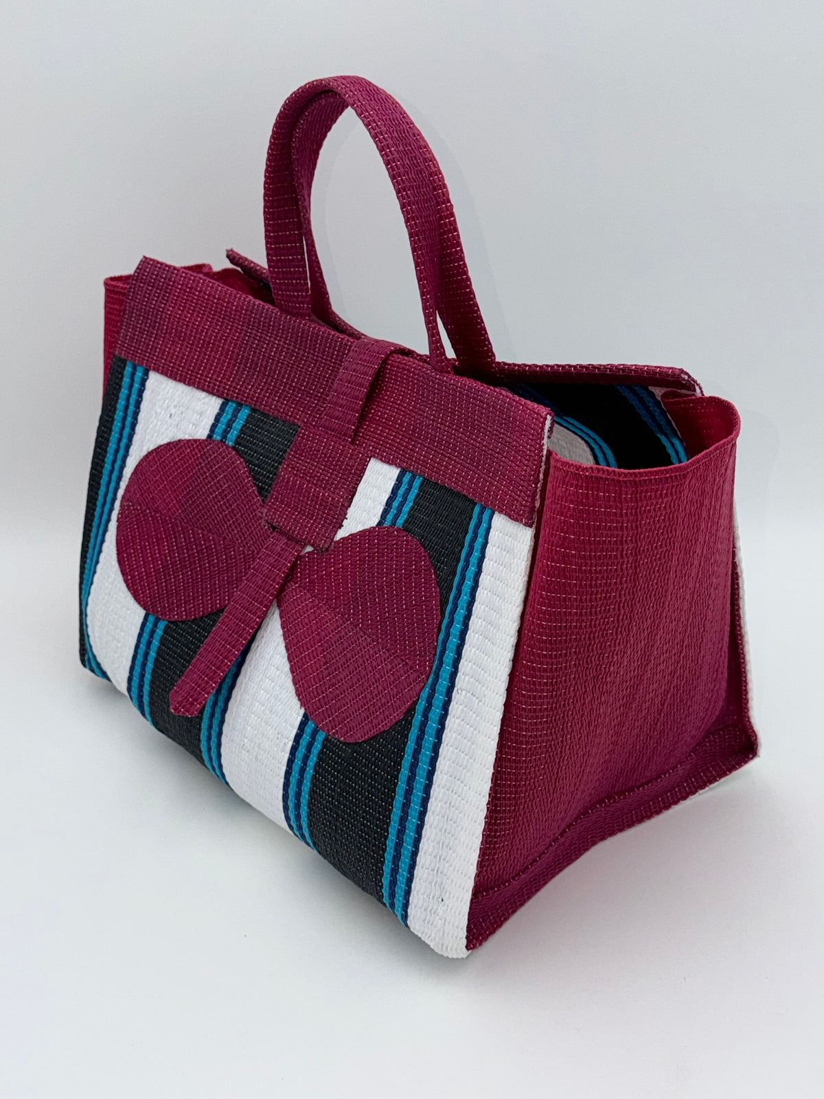 Pearl Large handwoven tote bag by SCRUBIES in Wine,White,Blue,Teal with Stripes design and Bow accent pattern