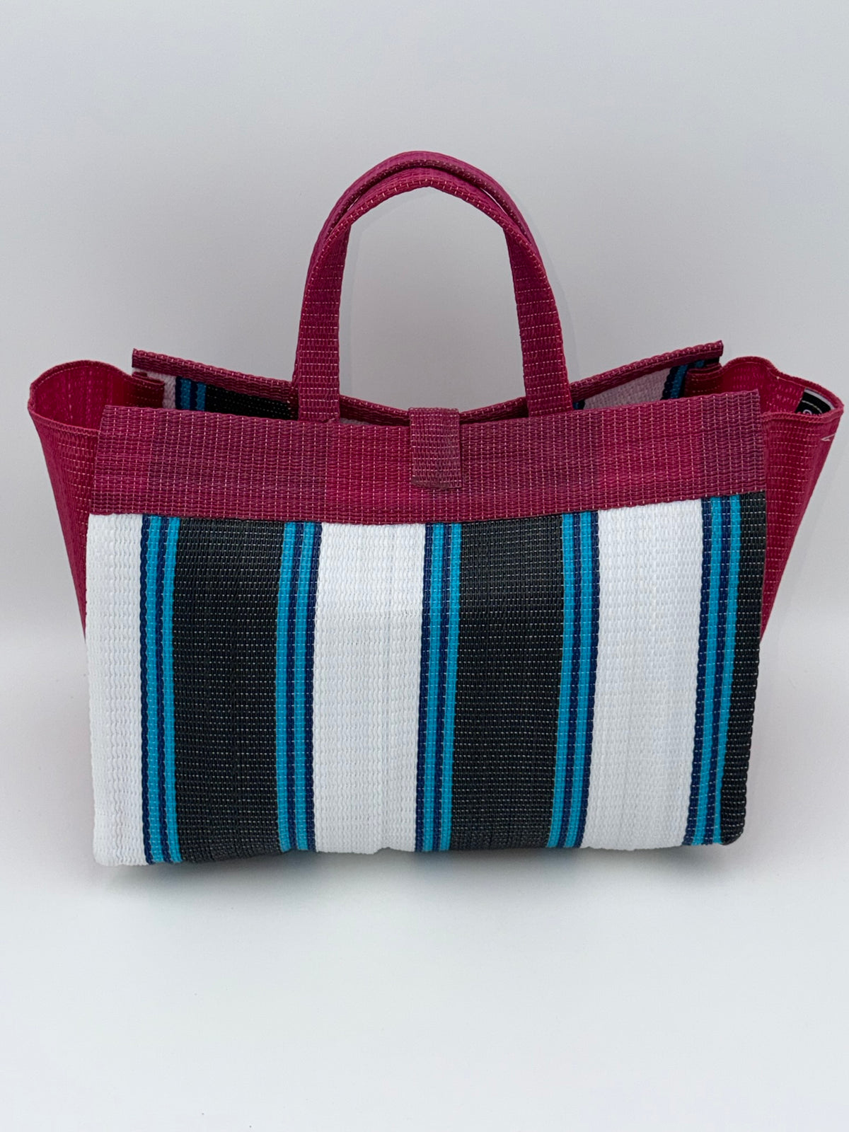 Pearl Large handwoven tote bag by SCRUBIES in Wine,White,Blue,Teal with Stripes design and Bow accent pattern