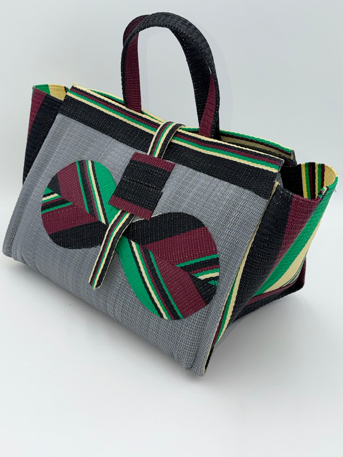 Metallic Large handwoven tote bag by SCRUBIES in Gray,Wine,Green,Black, with Solid design and Bow accent pattern
