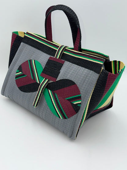Metallic Large handwoven tote bag by SCRUBIES in Gray,Wine,Green,Black, with Solid design and Bow accent pattern