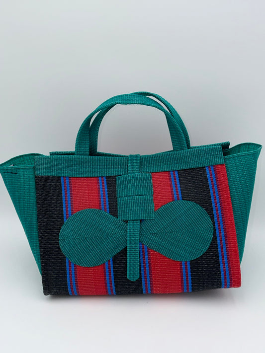 Red Blocks Large handwoven tote bag by SCRUBIES in Green,Red,Black,Blue with Block design and Bow accent pattern