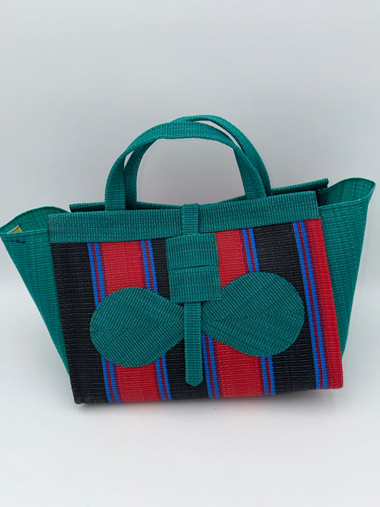 Red Blocks Large handwoven tote bag by SCRUBIES in Green,Red,Black,Blue with Block design and Bow accent pattern