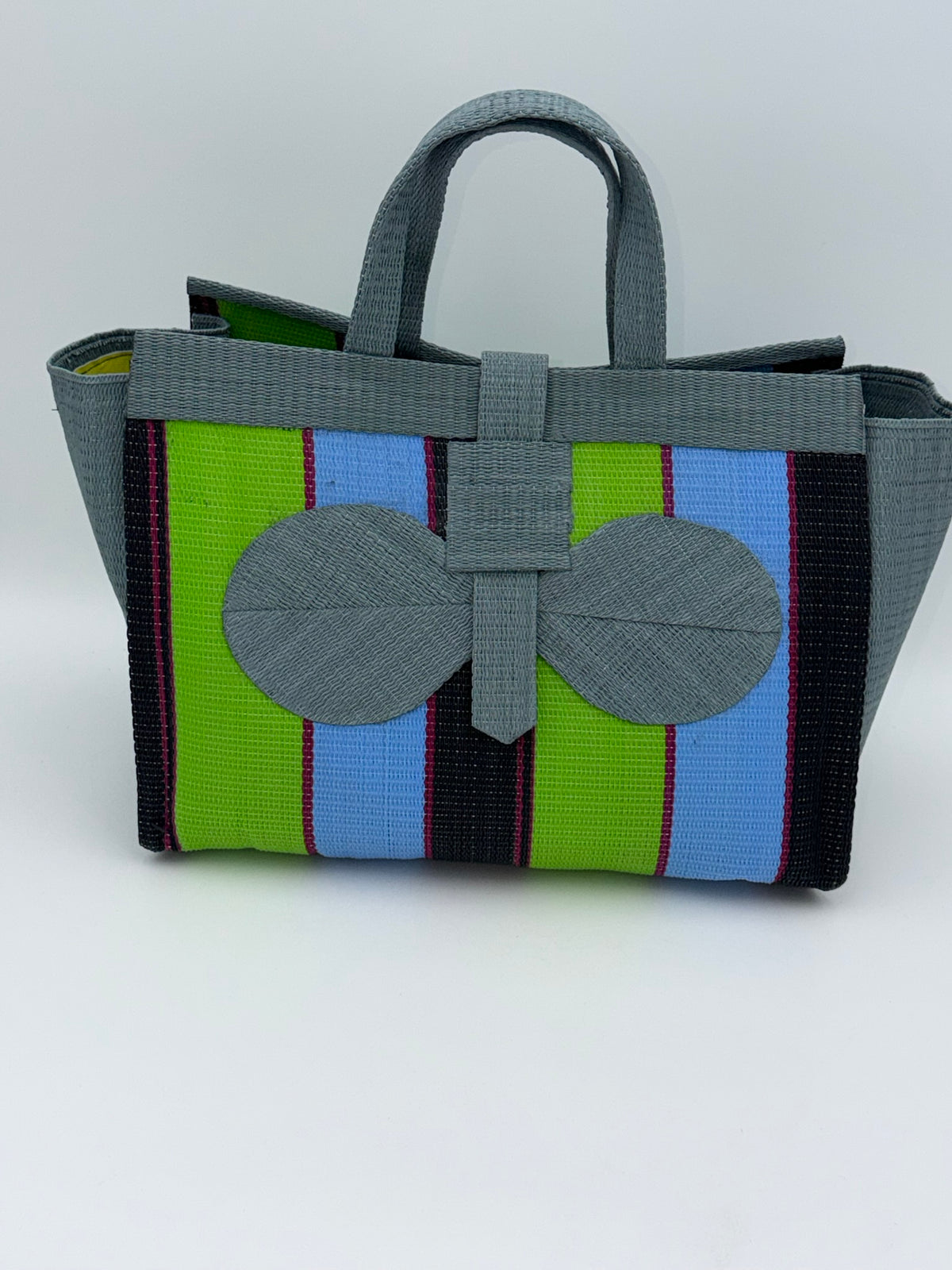 Metallic Large handwoven tote bag by SCRUBIES in Gray,Green,Blue,Black with Block design and Bow accent pattern