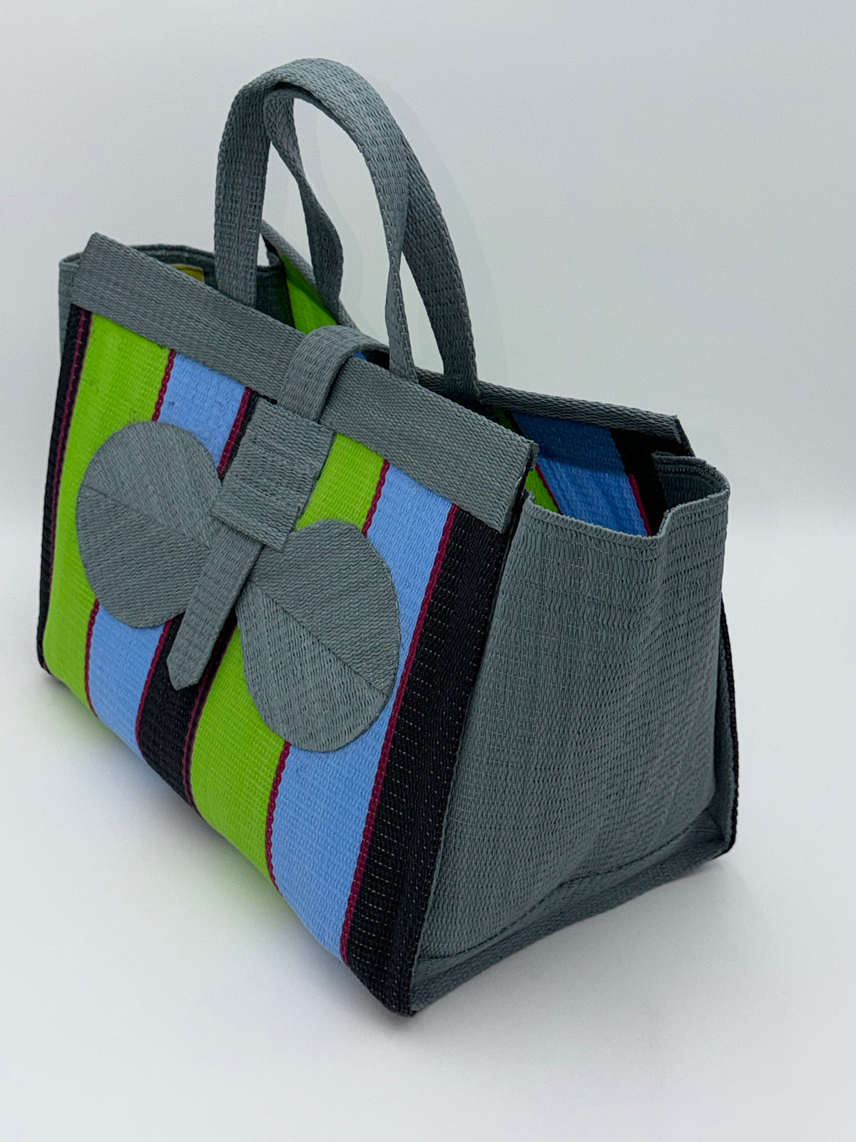 Metallic Large handwoven tote bag by SCRUBIES in Gray,Green,Blue,Black with Block design and Bow accent pattern