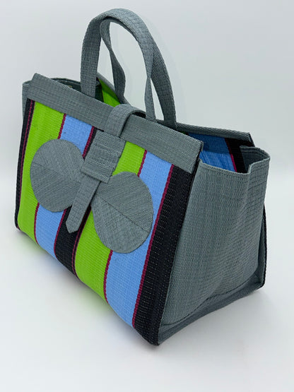 Metallic Large handwoven tote bag by SCRUBIES in Gray,Green,Blue,Black with Block design and Bow accent pattern