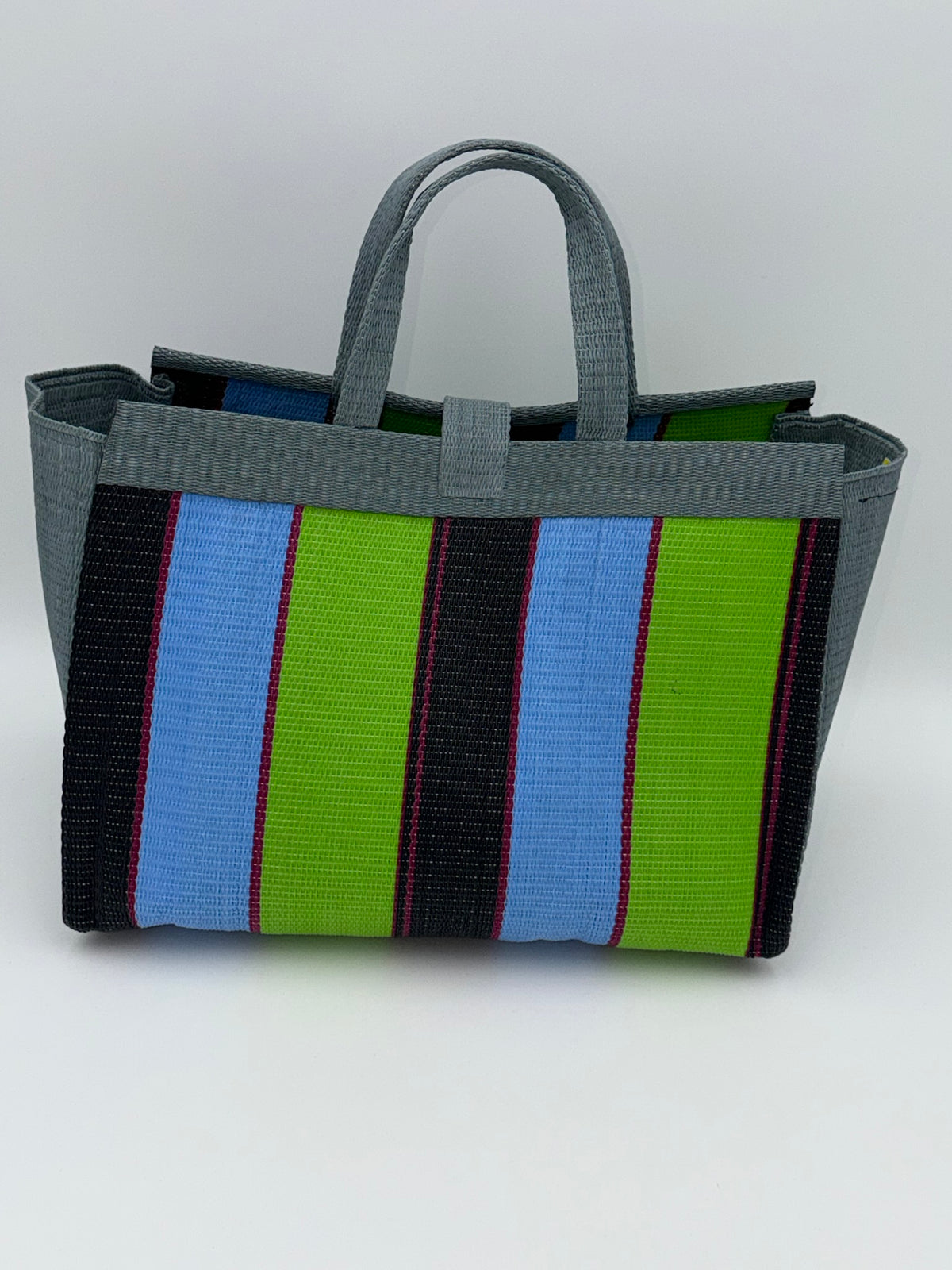 Metallic Large handwoven tote bag by SCRUBIES in Gray,Green,Blue,Black with Block design and Bow accent pattern