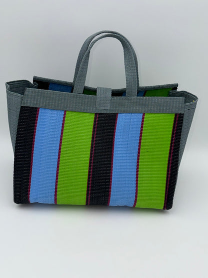 Metallic Large handwoven tote bag by SCRUBIES in Gray,Green,Blue,Black with Block design and Bow accent pattern