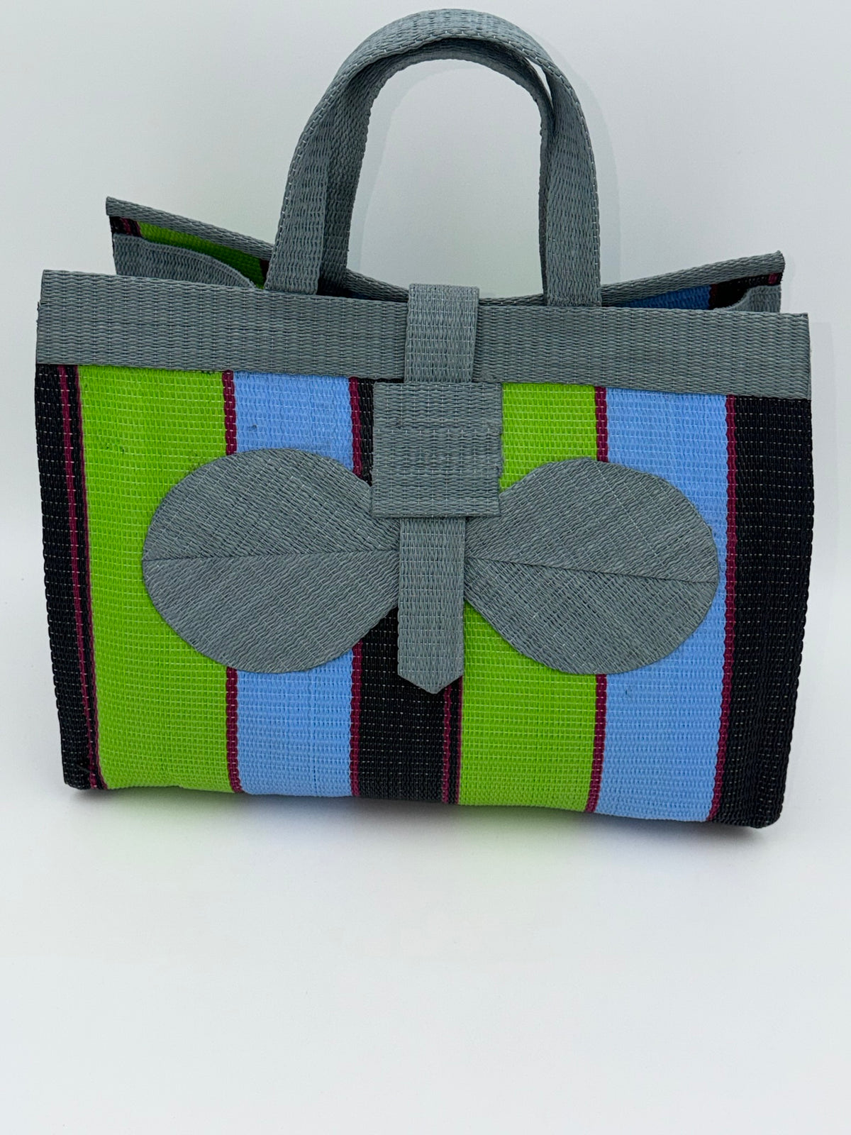 Metallic Large handwoven tote bag by SCRUBIES in Gray,Green,Blue,Black with Block design and Bow accent pattern