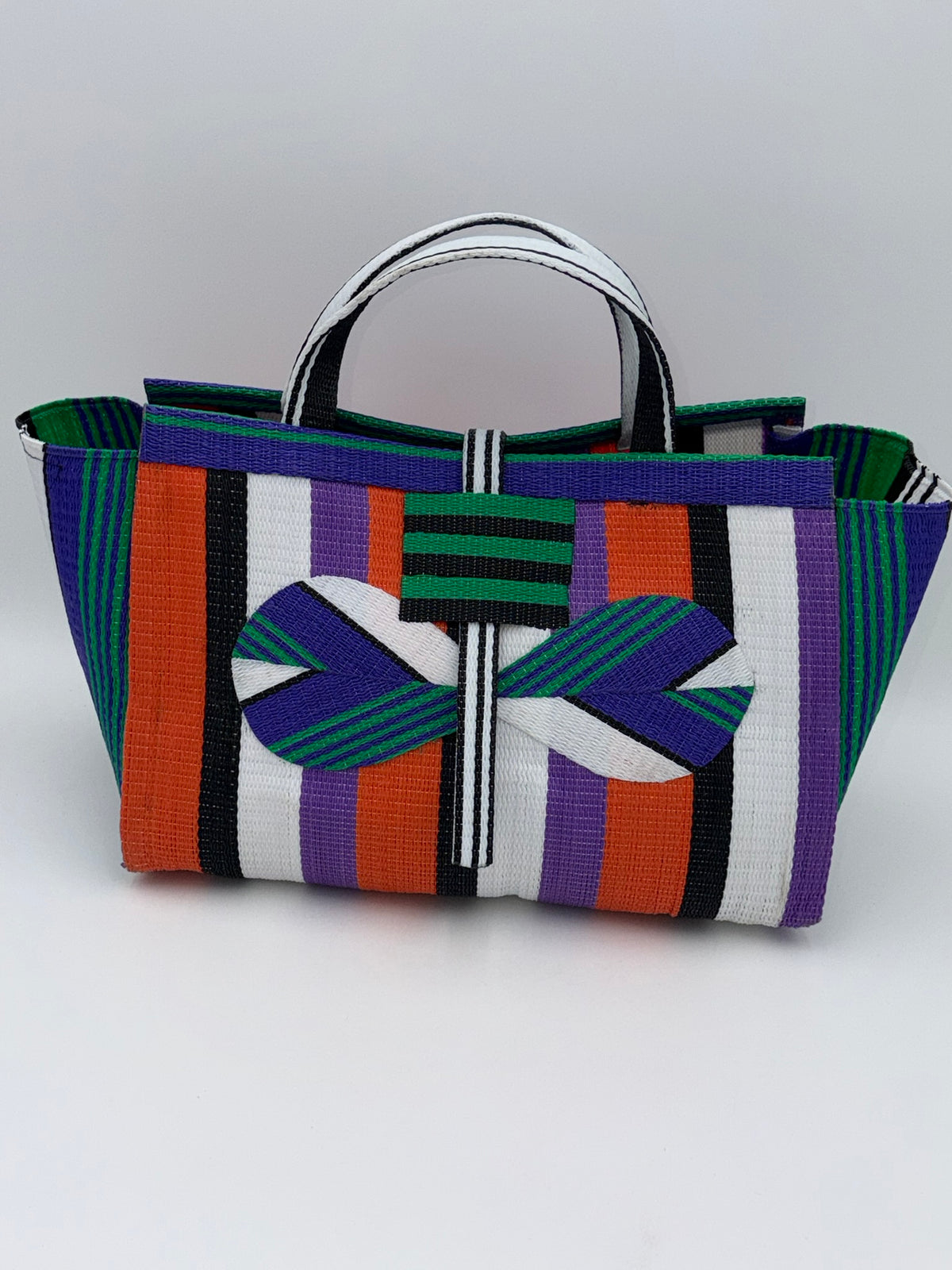 Orange Blocks Large handwoven tote bag by SCRUBIES in Orange,Black,White,Purple,Green with Block design and Bow accent pattern