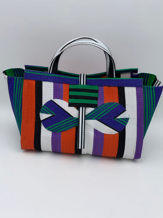 Orange Blocks Large handwoven tote bag by SCRUBIES in Orange,Black,White,Purple,Green with Block design and Bow accent pattern
