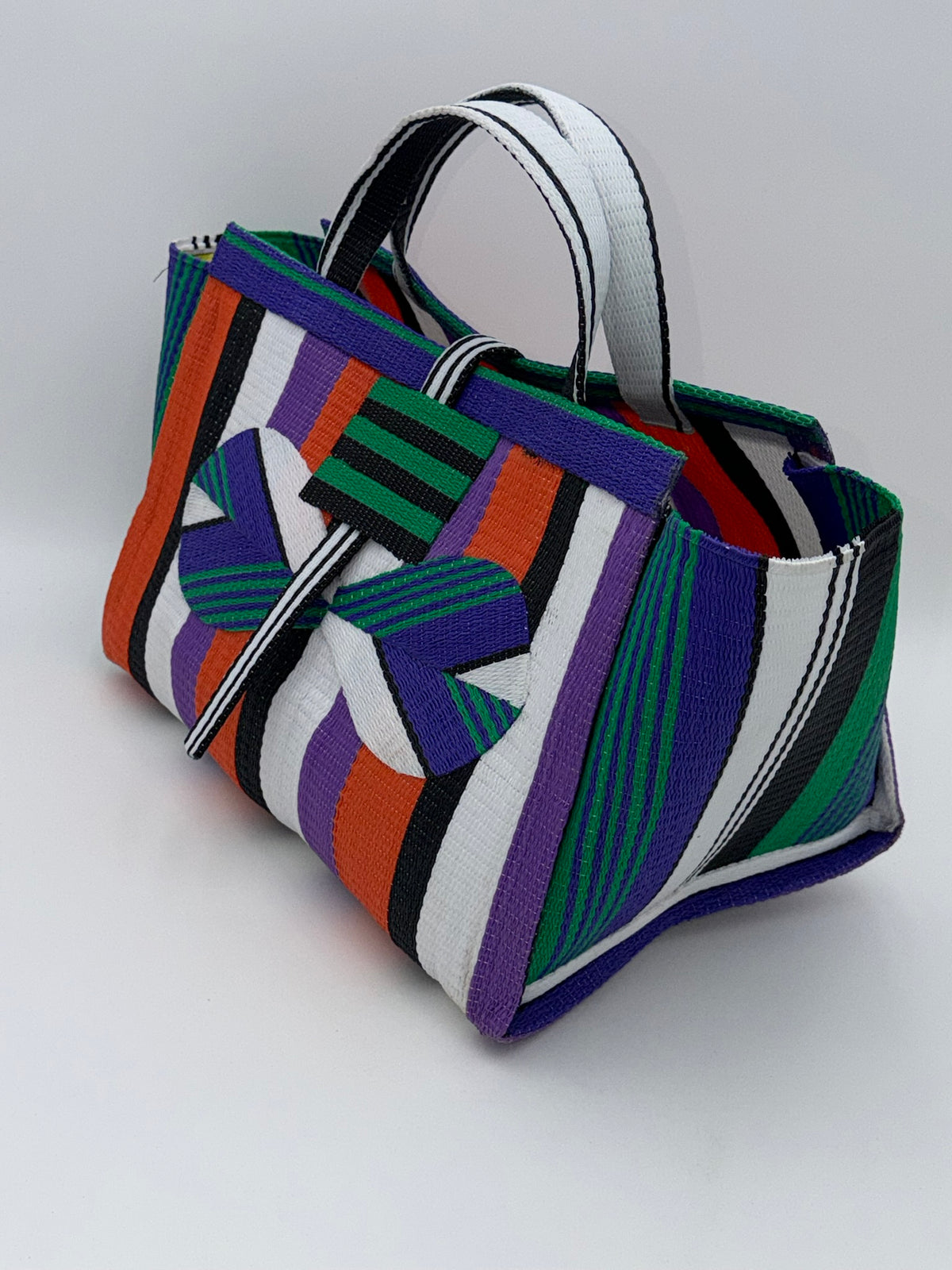 Orange Blocks Large handwoven tote bag by SCRUBIES in Orange,Black,White,Purple,Green with Block design and Bow accent pattern