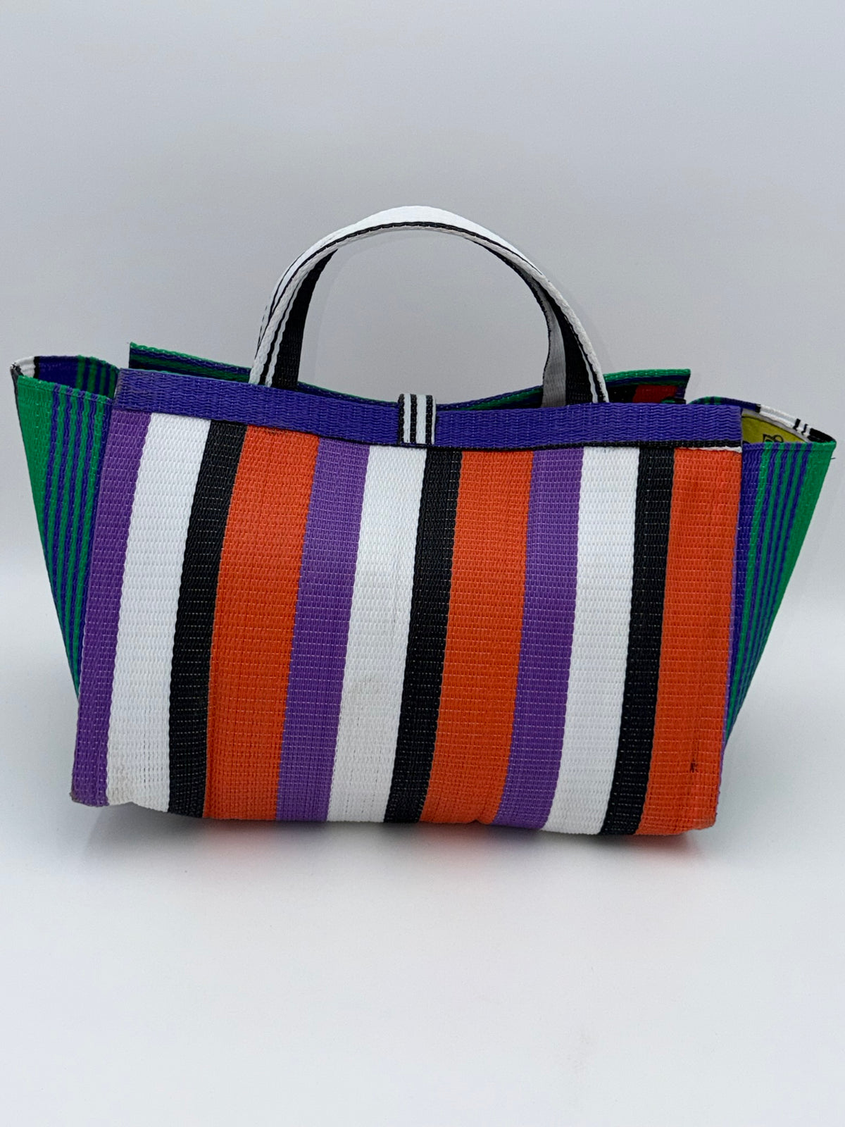 Orange Blocks Large handwoven tote bag by SCRUBIES in Orange,Black,White,Purple,Green with Block design and Bow accent pattern