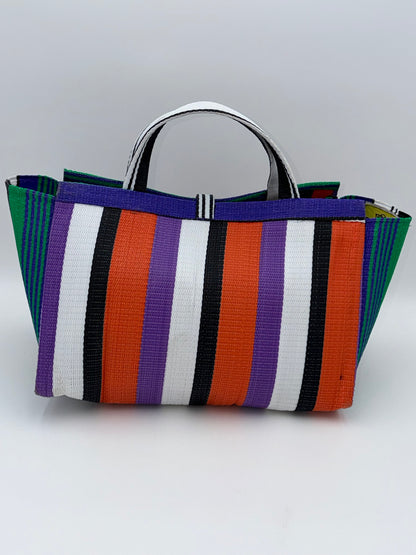 Orange Blocks Large handwoven tote bag by SCRUBIES in Orange,Black,White,Purple,Green with Block design and Bow accent pattern