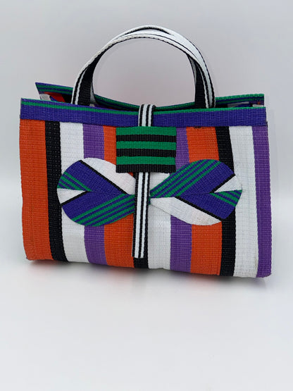 Orange Blocks Large handwoven tote bag by SCRUBIES in Orange,Black,White,Purple,Green with Block design and Bow accent pattern