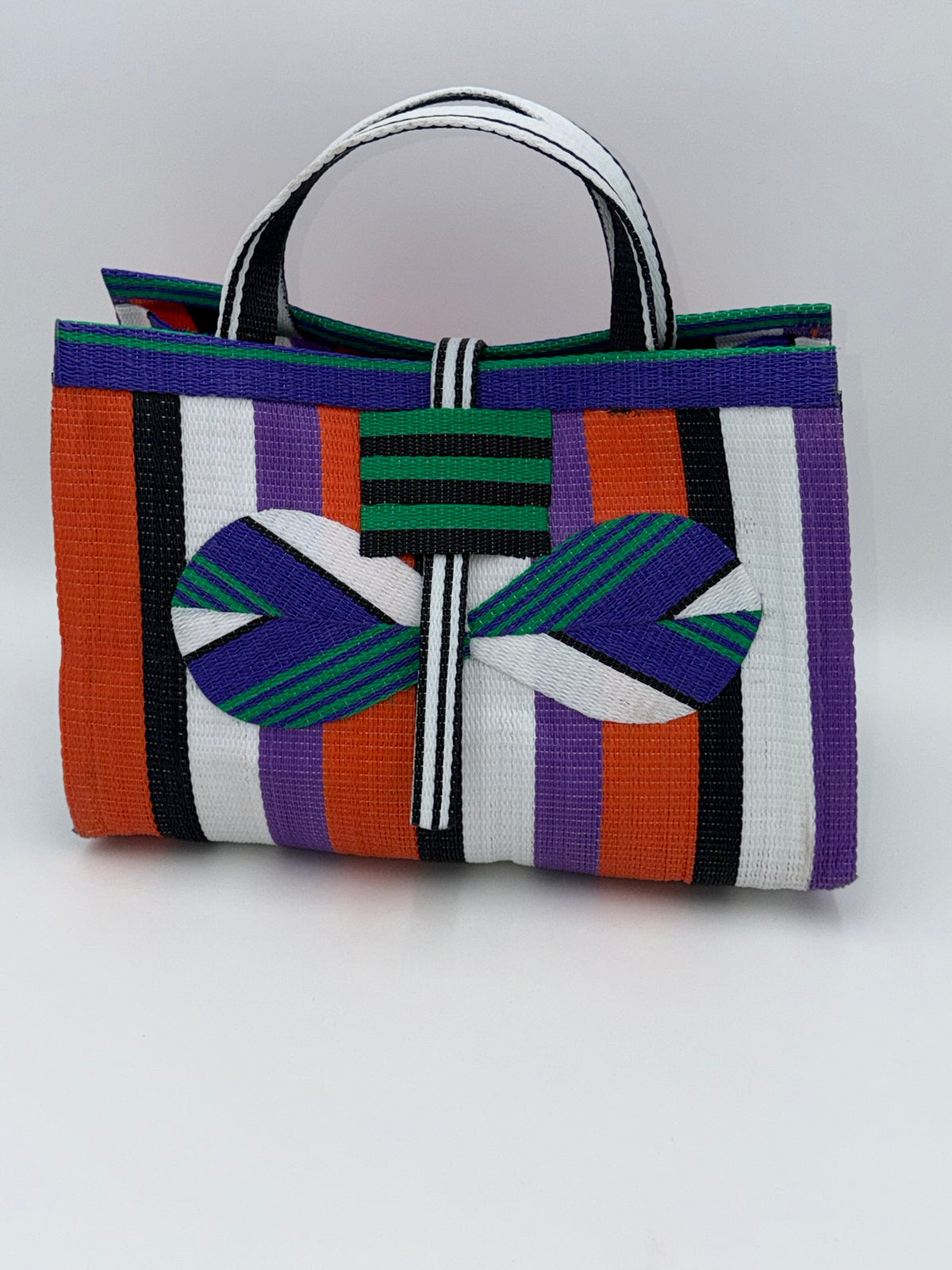 Orange Blocks Large handwoven tote bag by SCRUBIES in Orange,Black,White,Purple,Green with Block design and Bow accent pattern