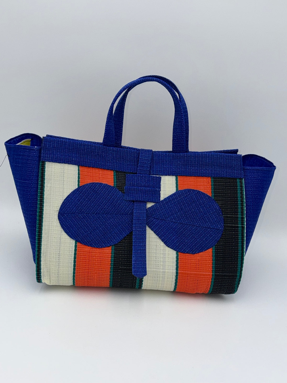 Orange Blocks Large handwoven tote bag by SCRUBIES in Blue,Cream,Green,Red,Black with Block design and Bow accent pattern