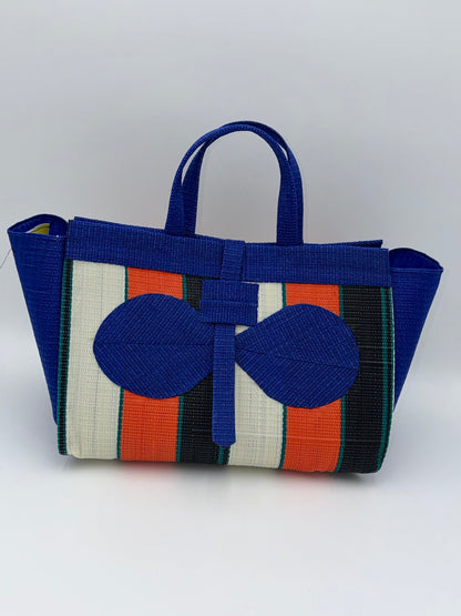 Orange Blocks Large handwoven tote bag by SCRUBIES in Blue,Cream,Green,Red,Black with Block design and Bow accent pattern