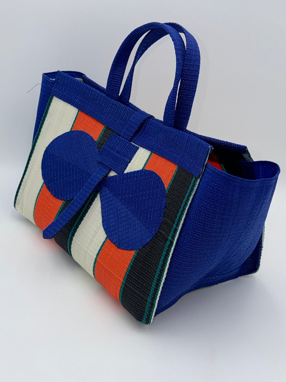 Orange Blocks Large handwoven tote bag by SCRUBIES in Blue,Cream,Green,Red,Black with Block design and Bow accent pattern