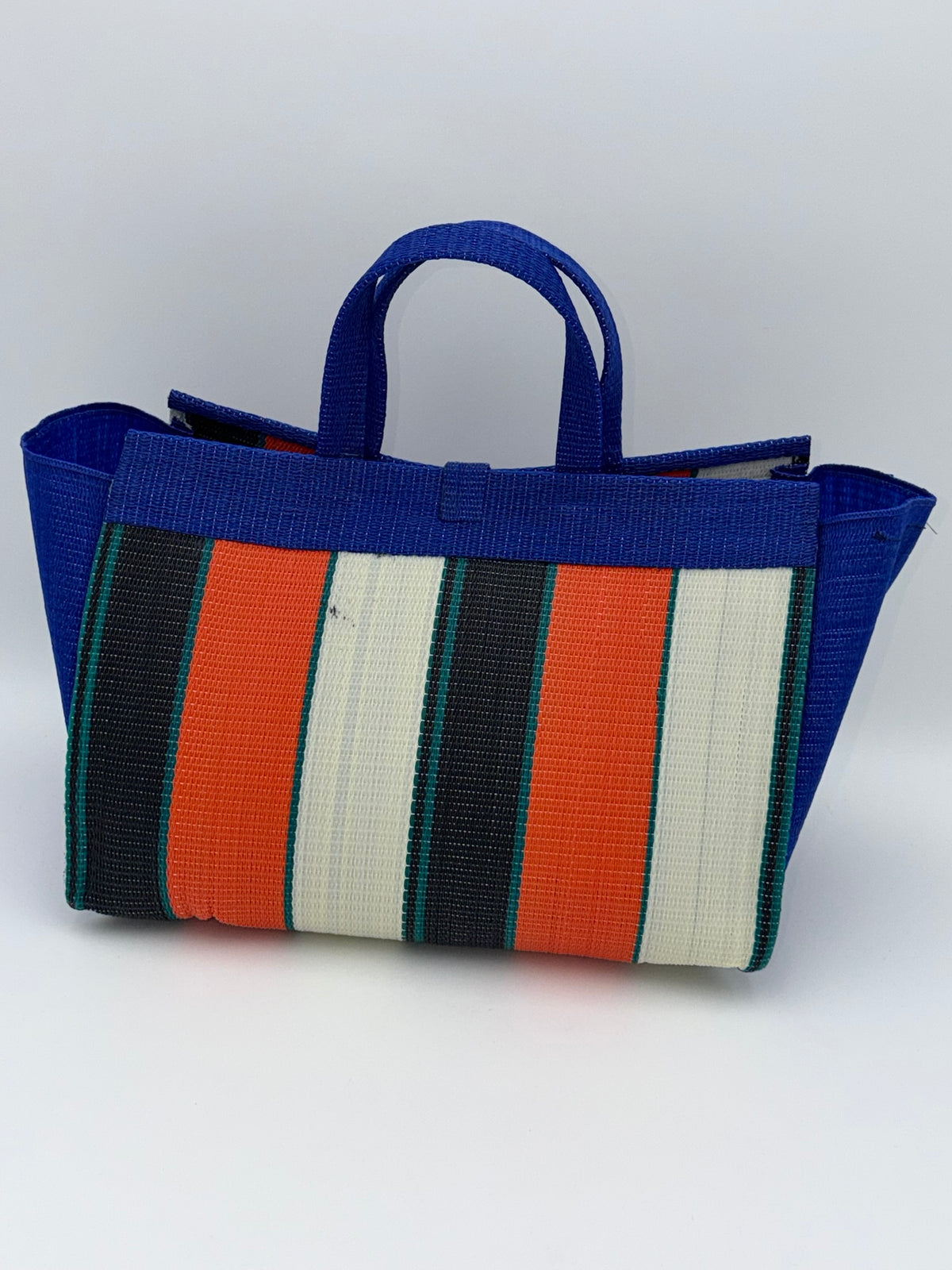 Orange Blocks Large handwoven tote bag by SCRUBIES in Blue,Cream,Green,Red,Black with Block design and Bow accent pattern