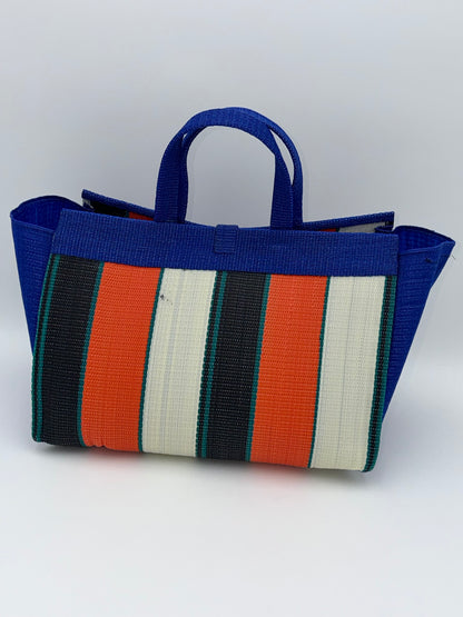 Orange Blocks Large handwoven tote bag by SCRUBIES in Blue,Cream,Green,Red,Black with Block design and Bow accent pattern
