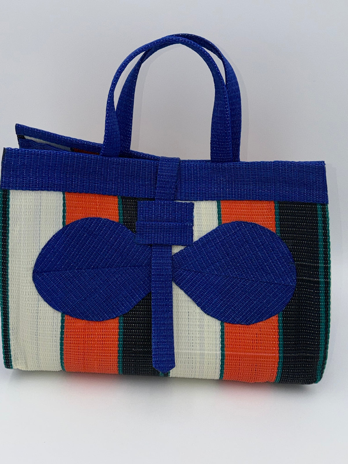 Orange Blocks Large handwoven tote bag by SCRUBIES in Blue,Cream,Green,Red,Black with Block design and Bow accent pattern