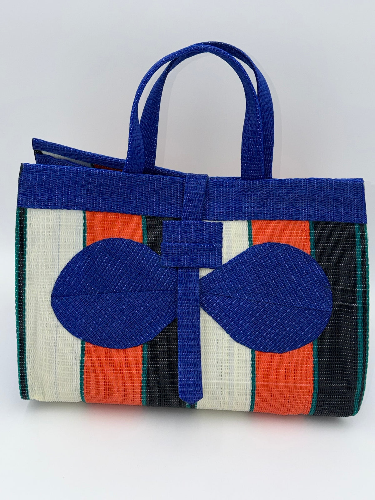 Orange Blocks Large handwoven tote bag by SCRUBIES in Blue,Cream,Green,Red,Black with Block design and Bow accent pattern